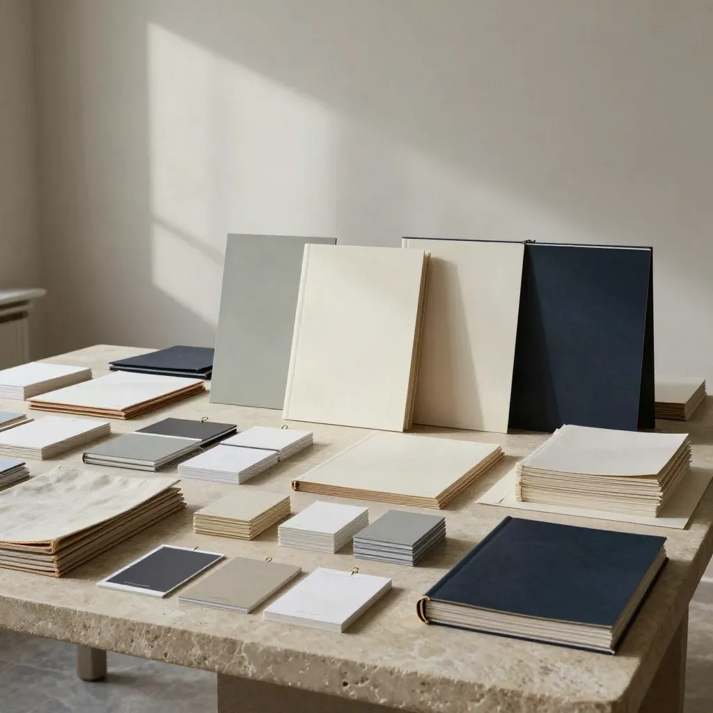 Ivory boards, linen folios and brass accents in a moody brand atelier.