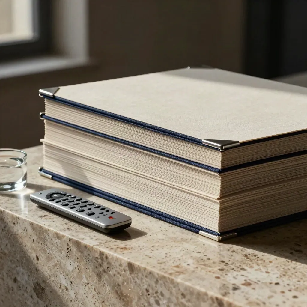 Fanned pitch deck boards on travertine with a remote and glass paperweight in dramatic navy light