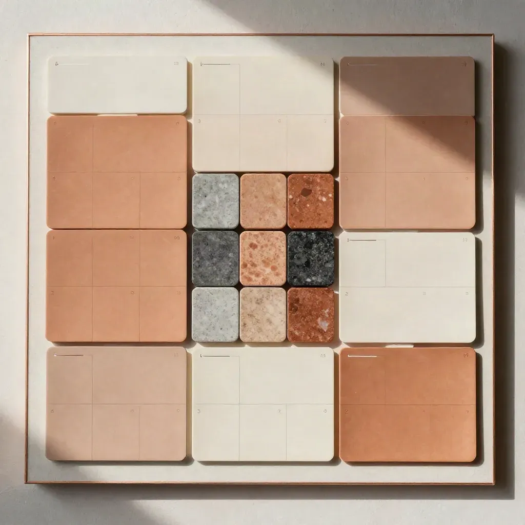 Top-down content planning layout with blank tiles, color chips, and closed cards on terracotta surface.