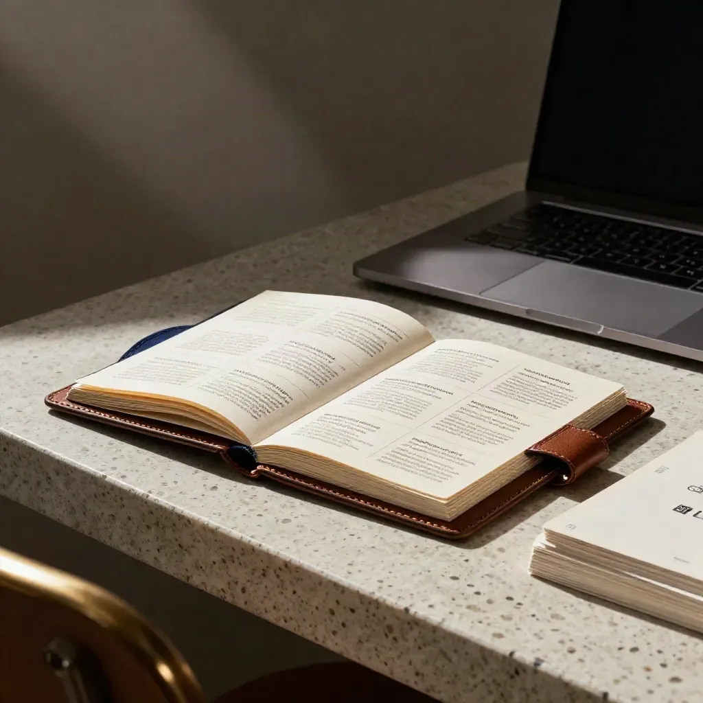 Leather pitch deck folio beside stacked cards and a closed laptop in dramatic studio light