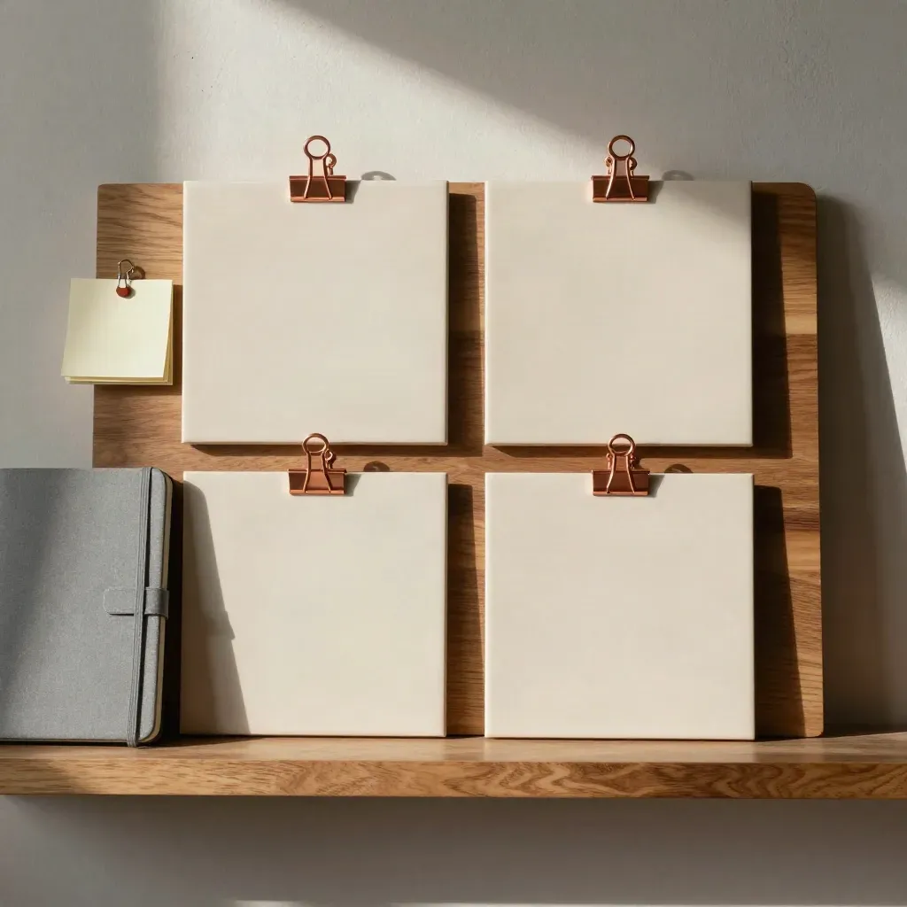 Top-down content board with four blank tiles, copper clips, and a slim notebook on a warm shelf.