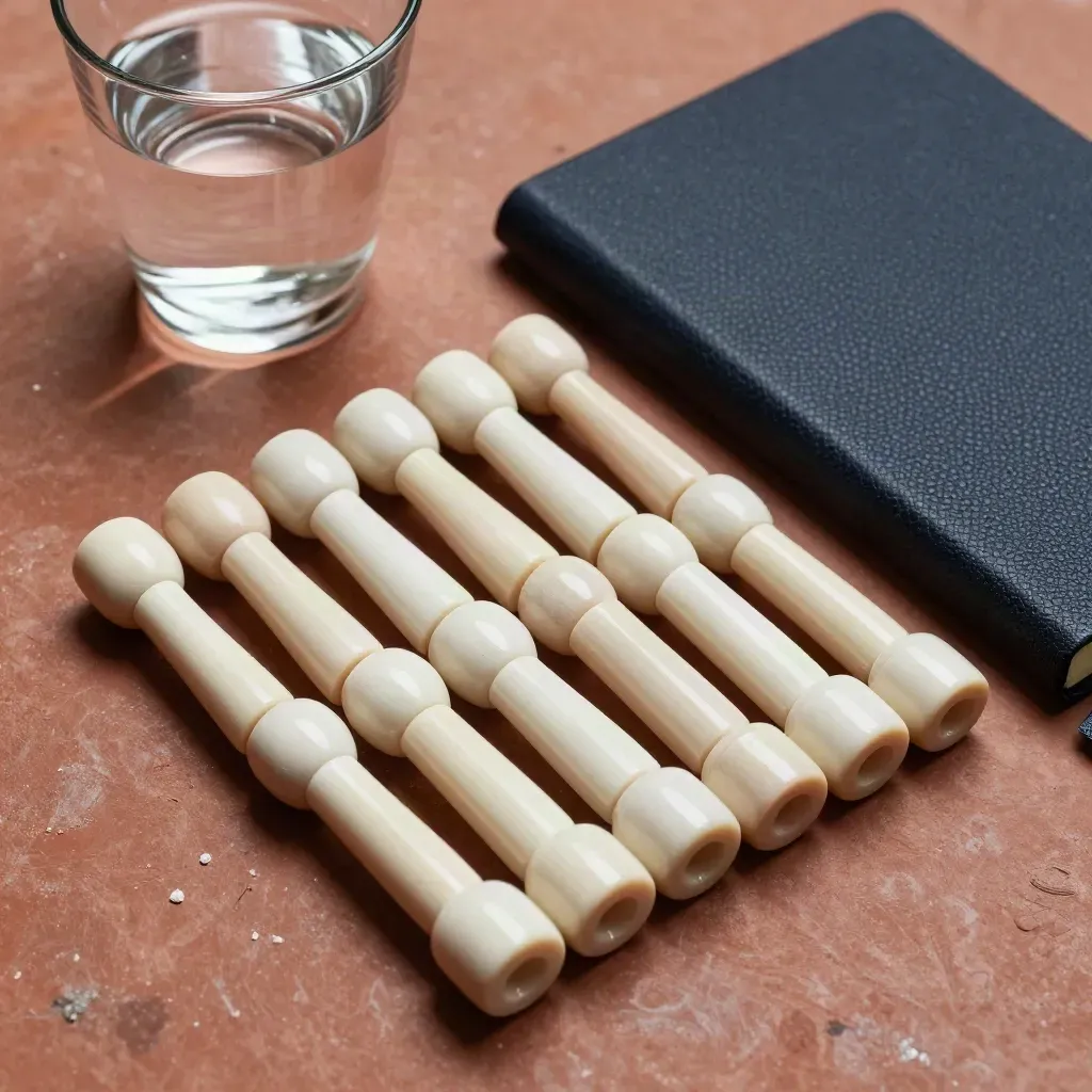Ivory ceramic strategy tokens, navy notebook, and water glass on terracotta plaster.