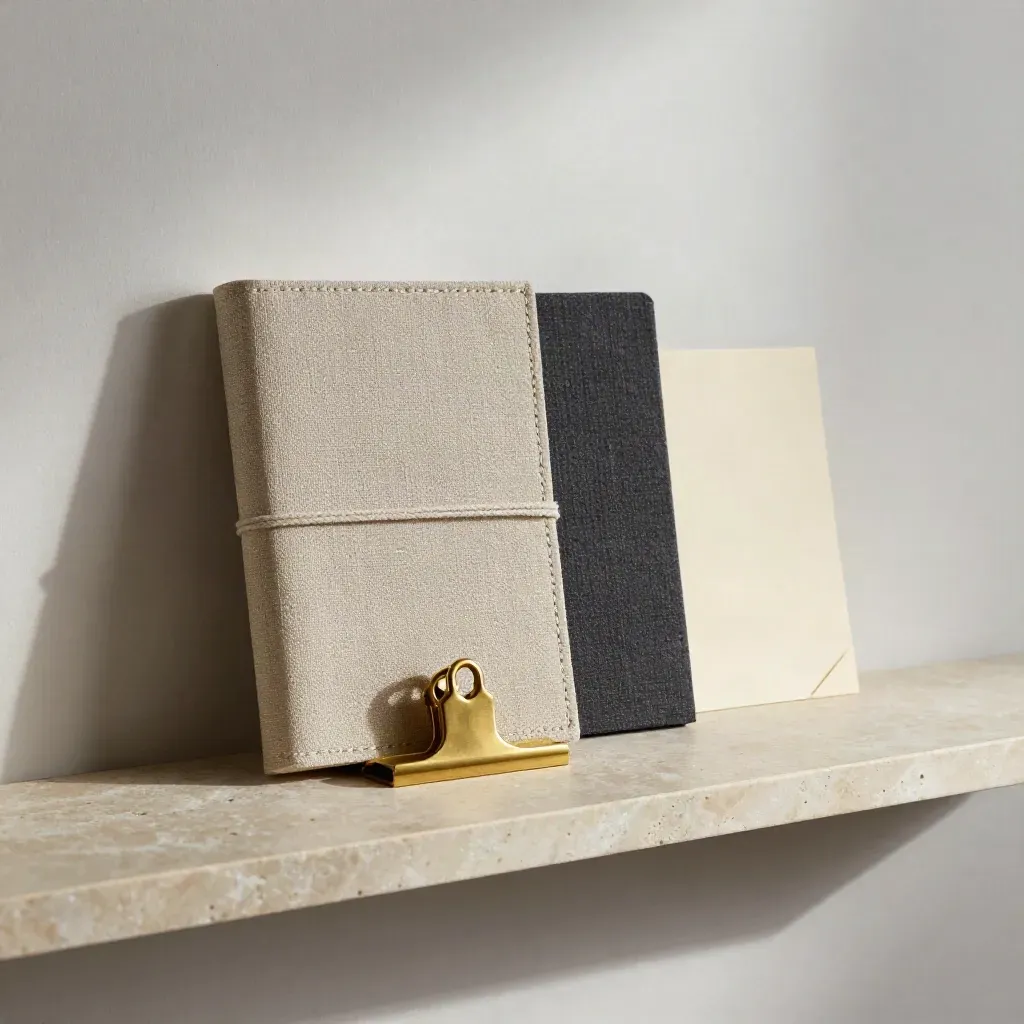 Linens folio, closed notebook and brass clip on a stone shelf with soft daylight.